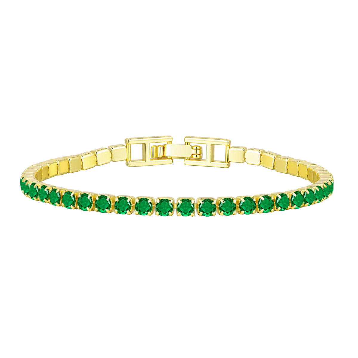 Gold tennis bracelet with green cubic zirconia stones and hinged clasp detail