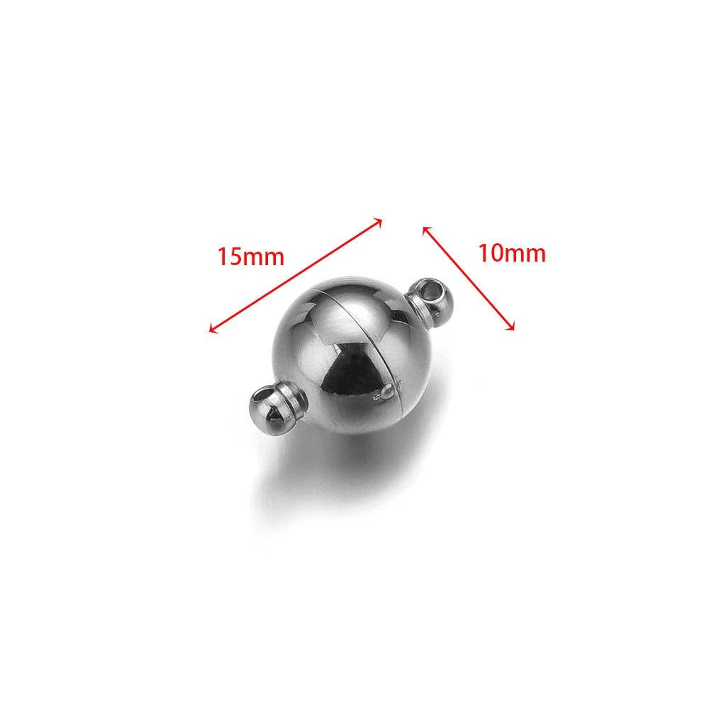 Silver round ball magnetic clasp with size labels: 15mm, 10mm