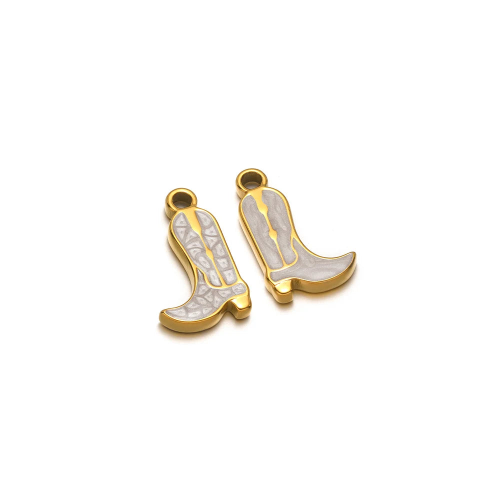 Pair of gold-tone long boot charms with white inlays and hanging loops