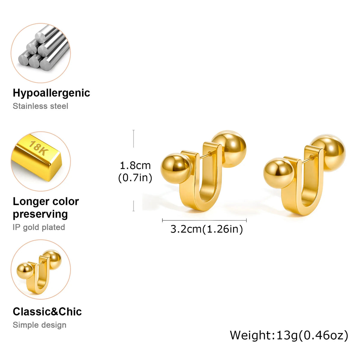 Gold U-shaped hoop earrings with ball ends, shown with size and material details