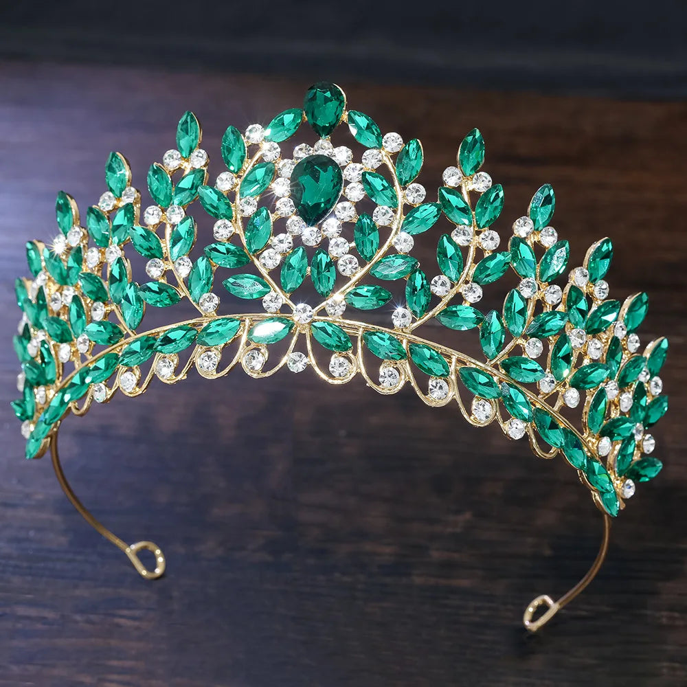 Green crystal leaf-branch tiara with teardrop stones and arched headband