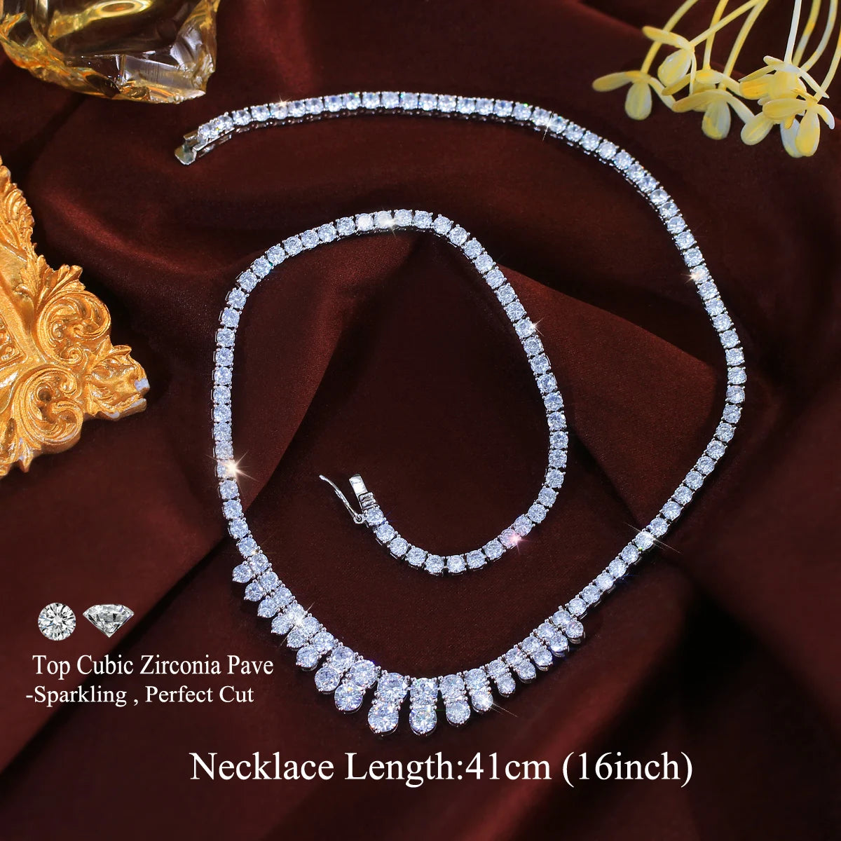 Cubic zirconia necklace with a teardrop fringe and a 41 cm chain