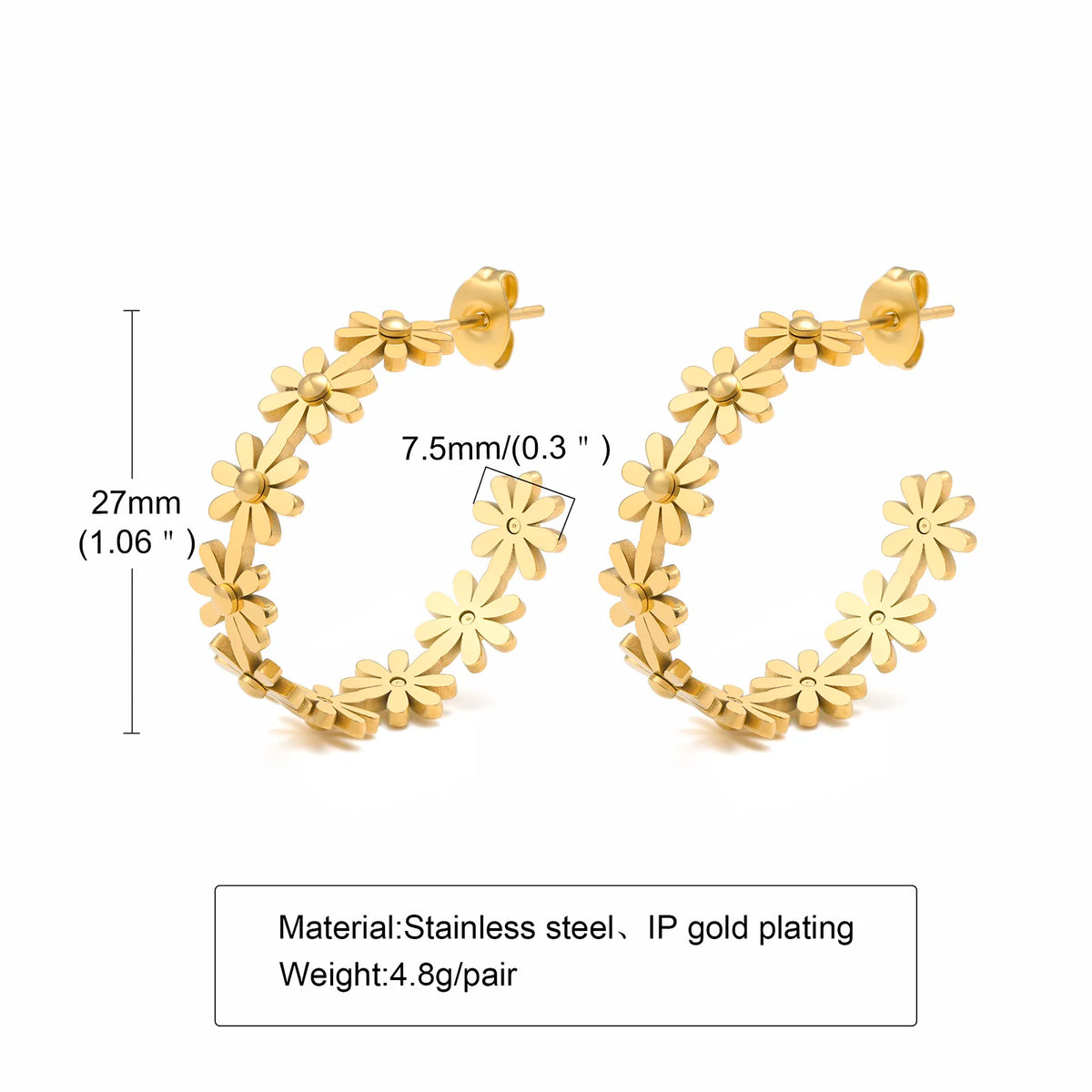 Daisy flower hoop earring set with size diagram and material details (stainless steel, gold plating)