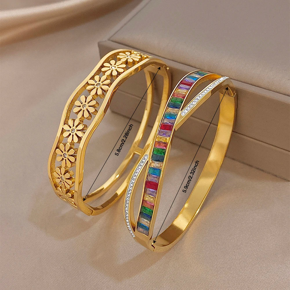 Delicate Colorful Zircon Flower Wave Wide Bracelet for Women Trendy Gold Plated Stainless Steel Cuff Bangles Waterproof Jewelry