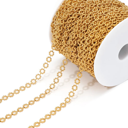 Gold plated square-link chain on white spool, small mesh chain for jewelry making