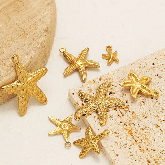 Gold starfish charm pendants with bail loops, 5-piece set for DIY jewelry making