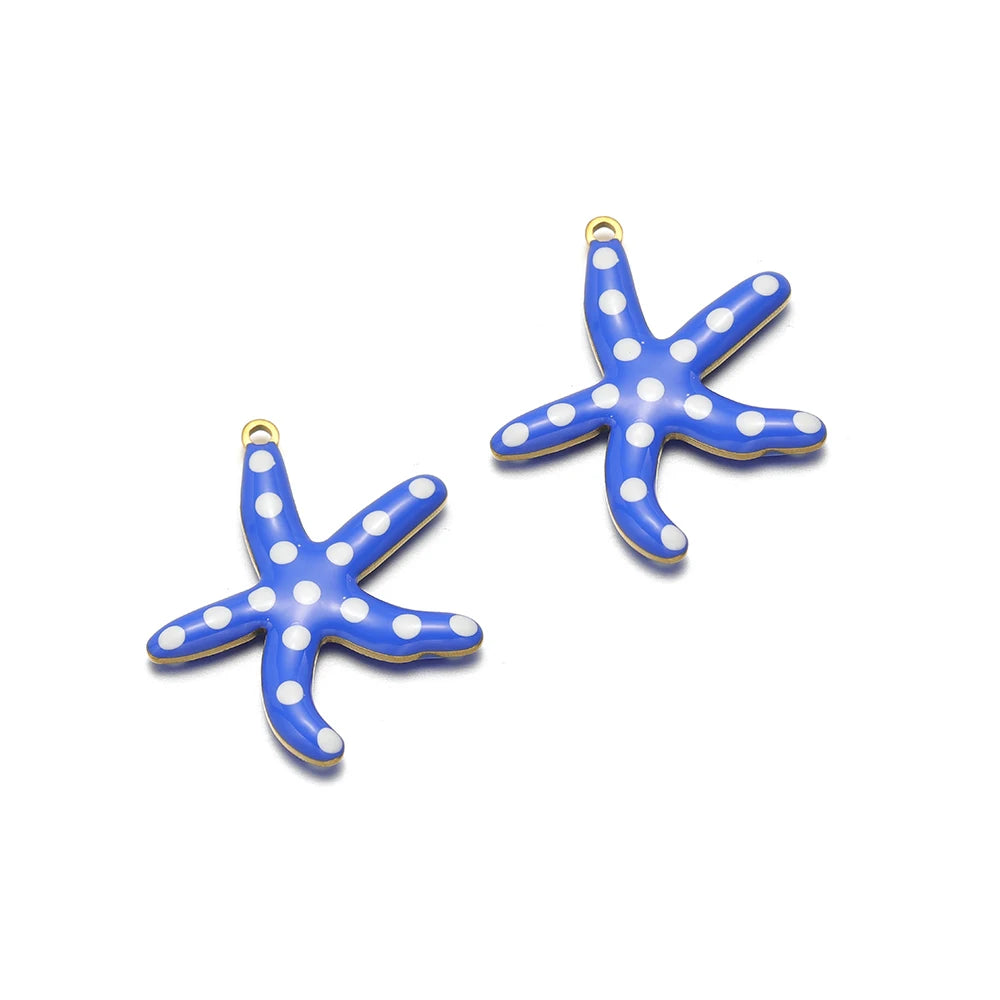 Blue enamel starfish charm with white dots and gold loop, set of 2