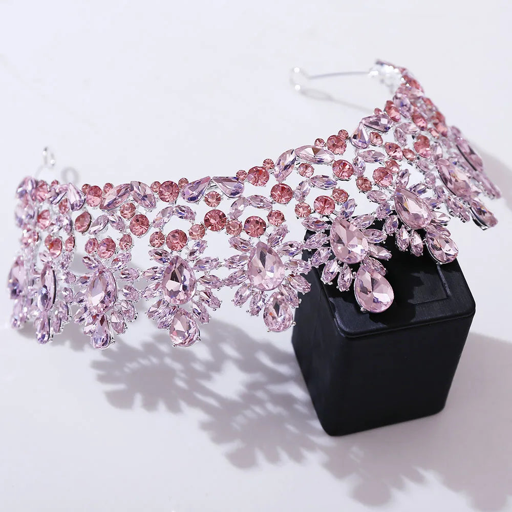 Rhinestone diadem headpiece with pink and light-purple oval and teardrop crystals