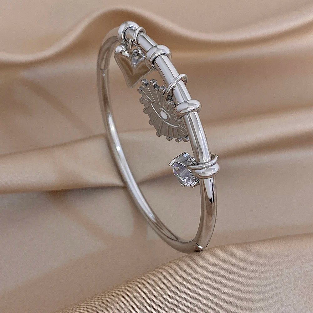 Trendy Silver Color Stainless Steel Cuff Bangle for Women Chunky Zircon Heart Charms Stacked Bracelets Waterproof Jewelry
