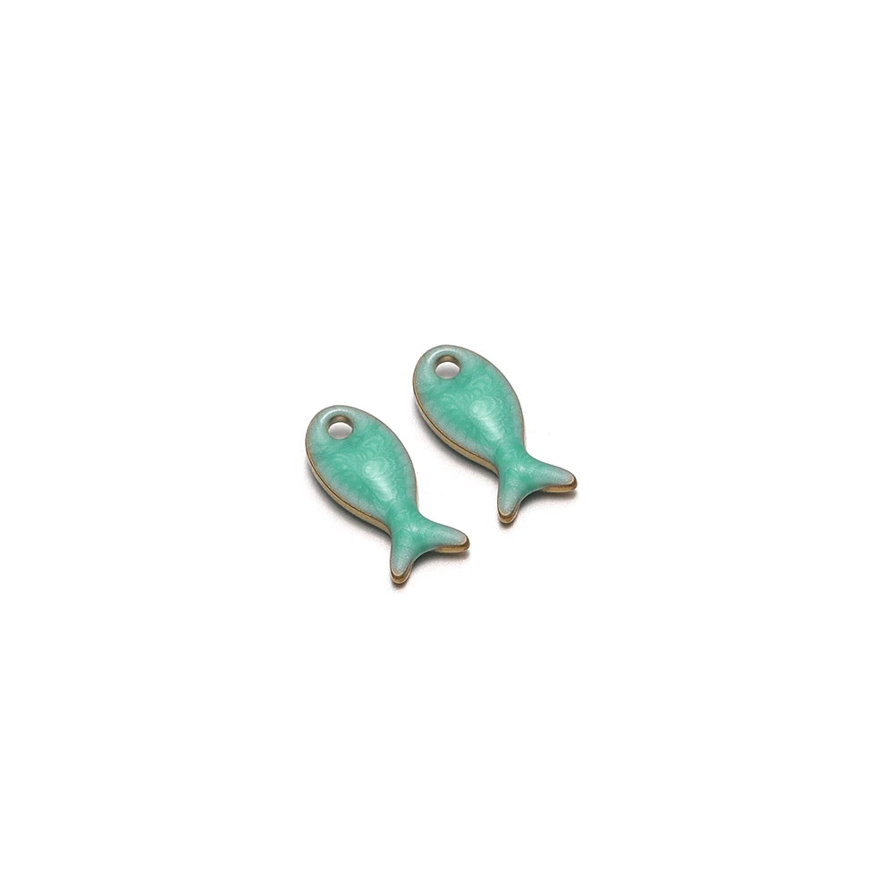 Green drip fish charms, double-sided stainless steel pendant blanks, pair