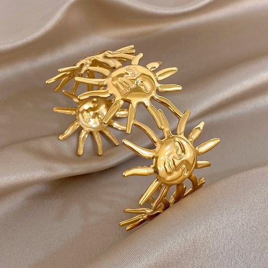 Bohemian Gold Plated Stainless Steel Cuff Bangle for Women Exaggerated Abstract Sun Patchwork Bracelets Waterproof Jewelry