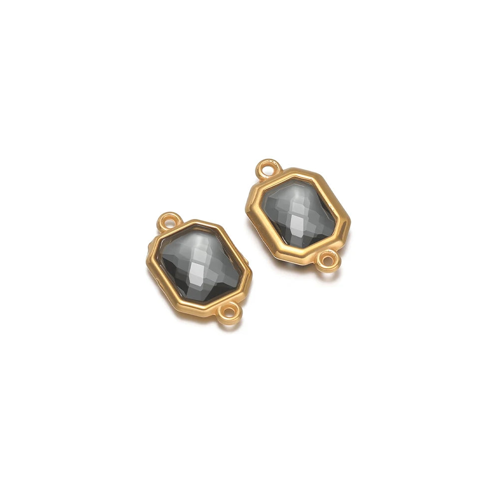 Octagon glass charm connectors, dark gray faceted stone, gold frame with loops