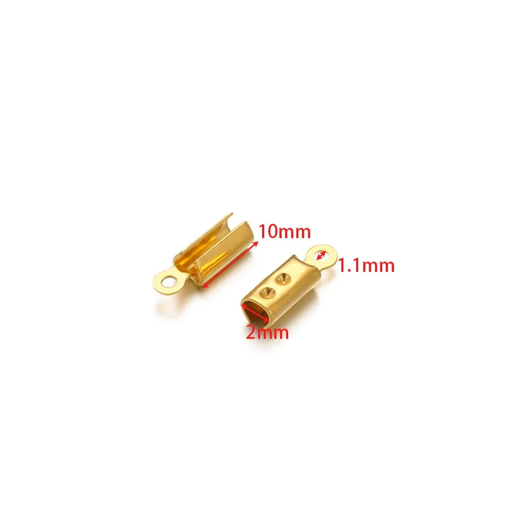 Gold crimp end bead caps, side loop metal tubes with red-lined open crimp ends.