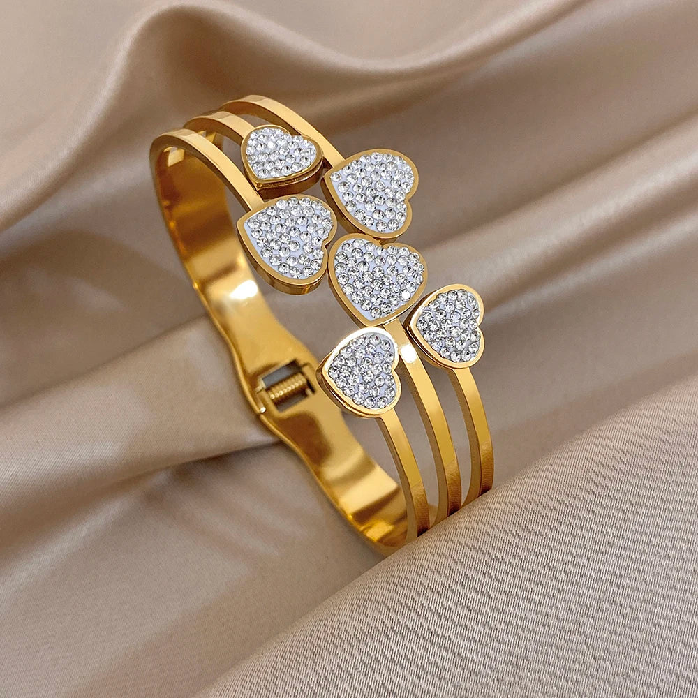 Irregular Zircon Heart Cuff Bangle Bracelets for Women Delicate Gold Plated Stainless Steel Chunky Bracelets Waterproof Jewelry