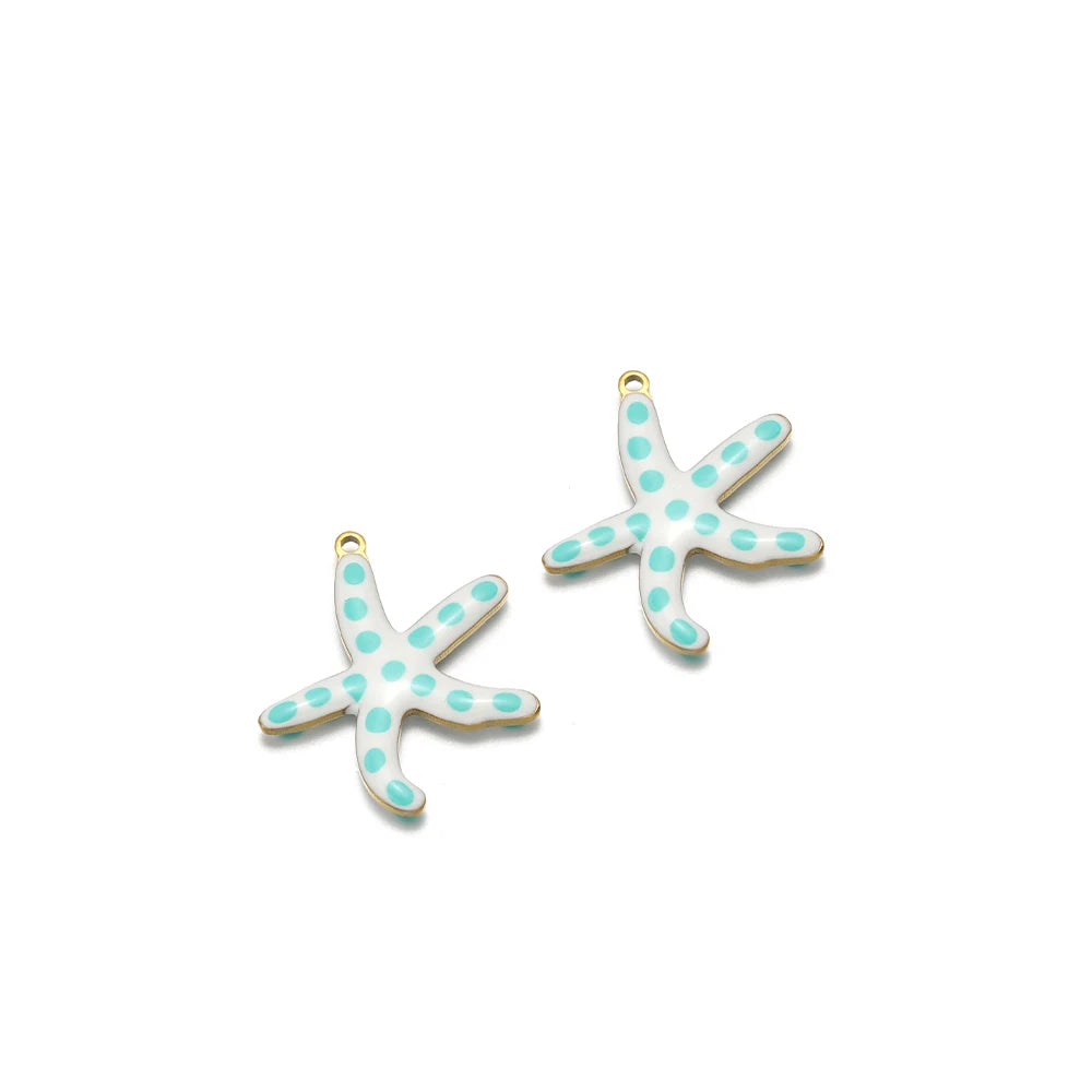 Light blue enamel starfish charm with white dots and gold loop, set of 2