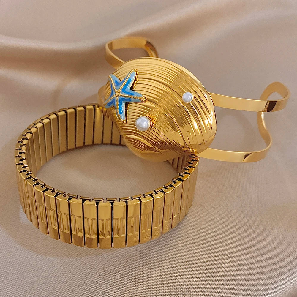 Fashion Gold Plated Stainless Steel Bracelet for Women High Quality Starfish Seashells Cuff Bangle Bracelets Waterproof Jewelry