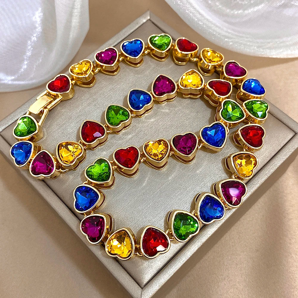 Gold-tone heart zircon link chain choker with multicolor heart stones