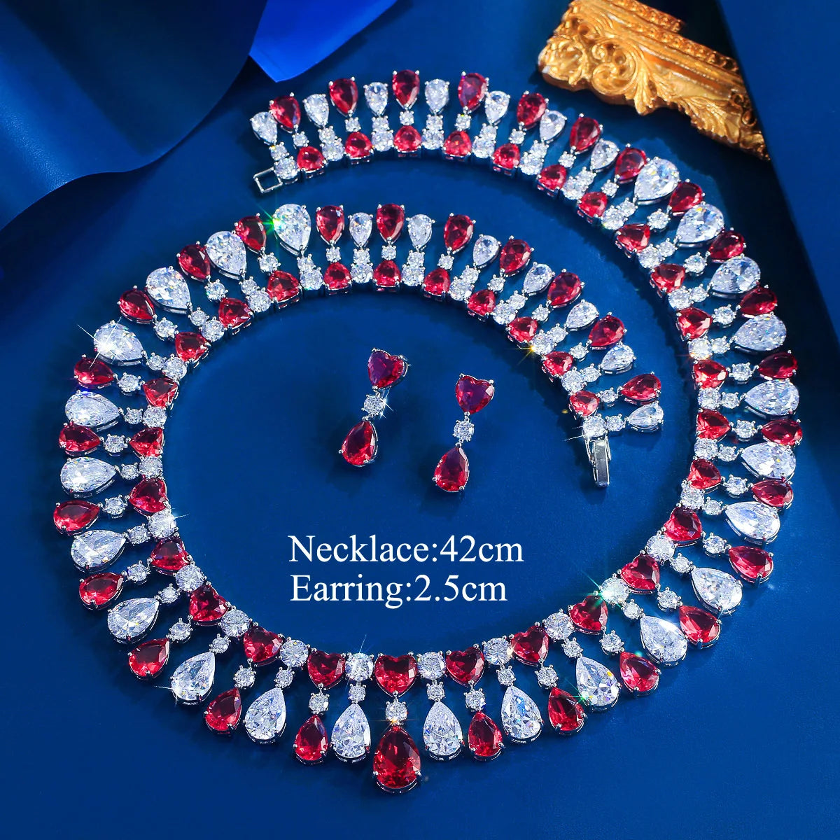 Red and clear teardrop rhinestone choker necklace set with heart drop earrings