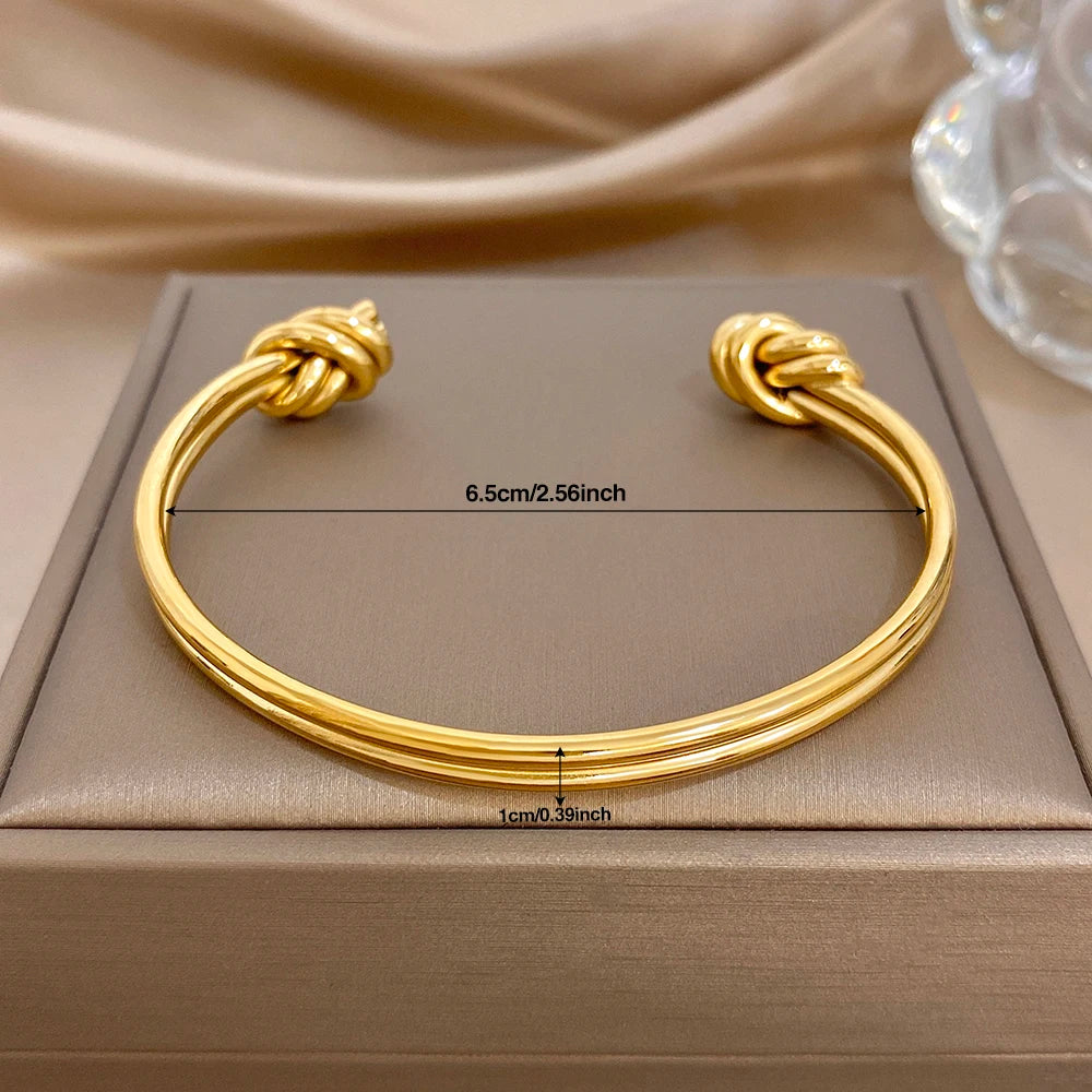Minimalist Double Layer Knot Cuff Bangle Bracelets Glossy Gold Plated Stainless Steel Wide Bracelet for Women Waterproof Jewelry