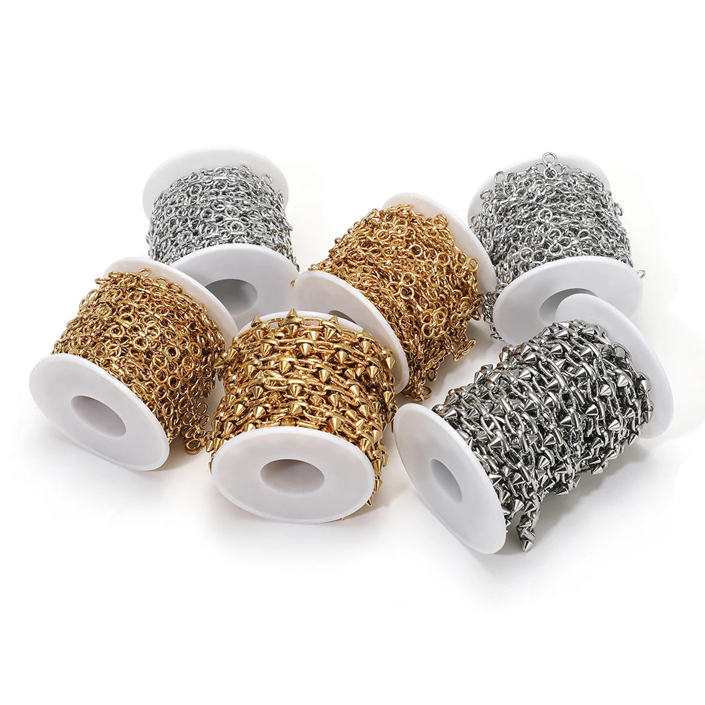 Bow knot chain spools in gold, steel, and silver tones, shown side by side
