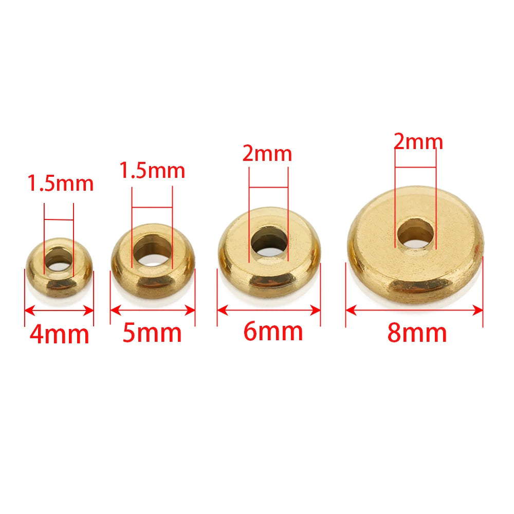 Gold spacer bead size diagram showing round flat beads with center holes (4–8mm)