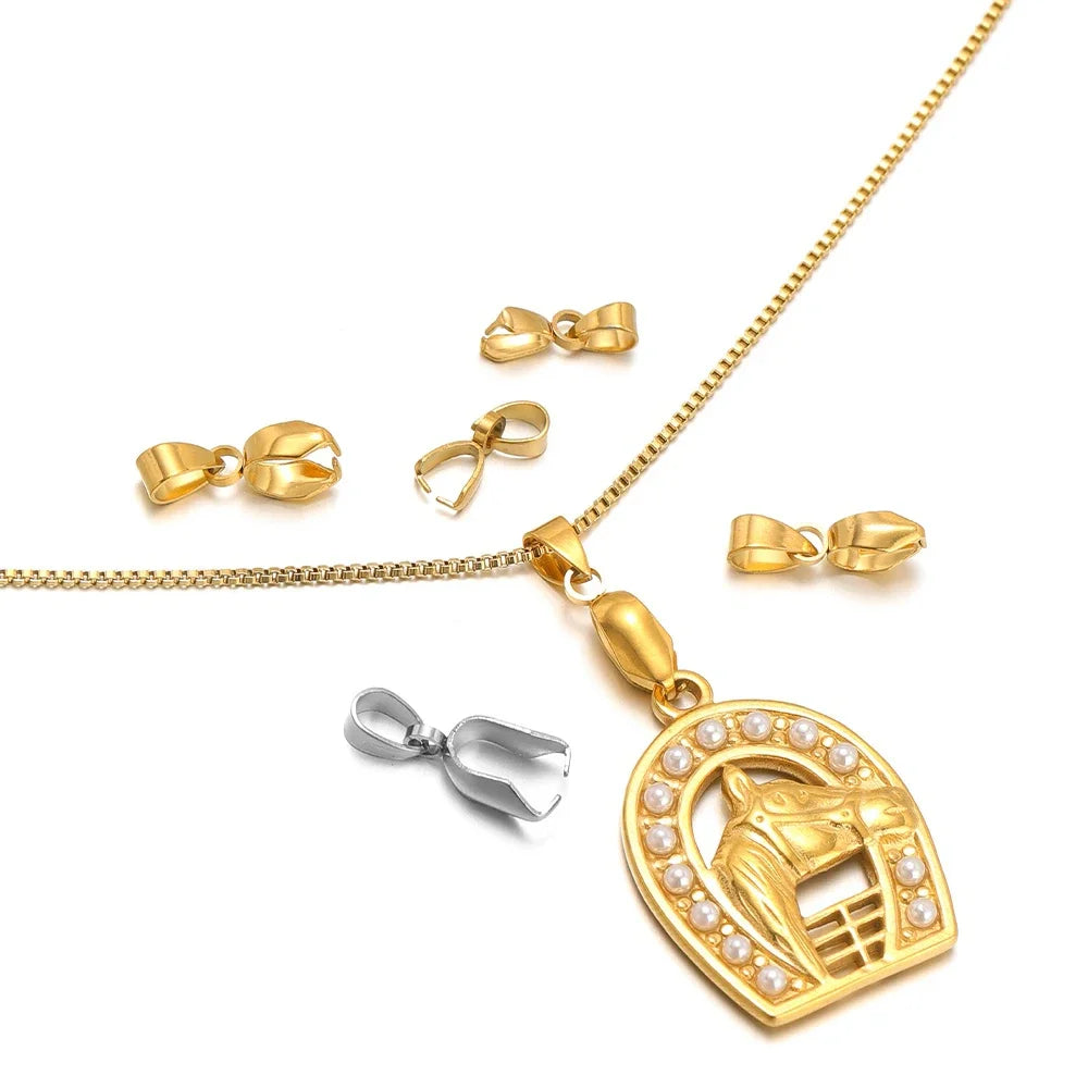 Gold and silver pinch bail connectors with loop hooks on a chain and charm