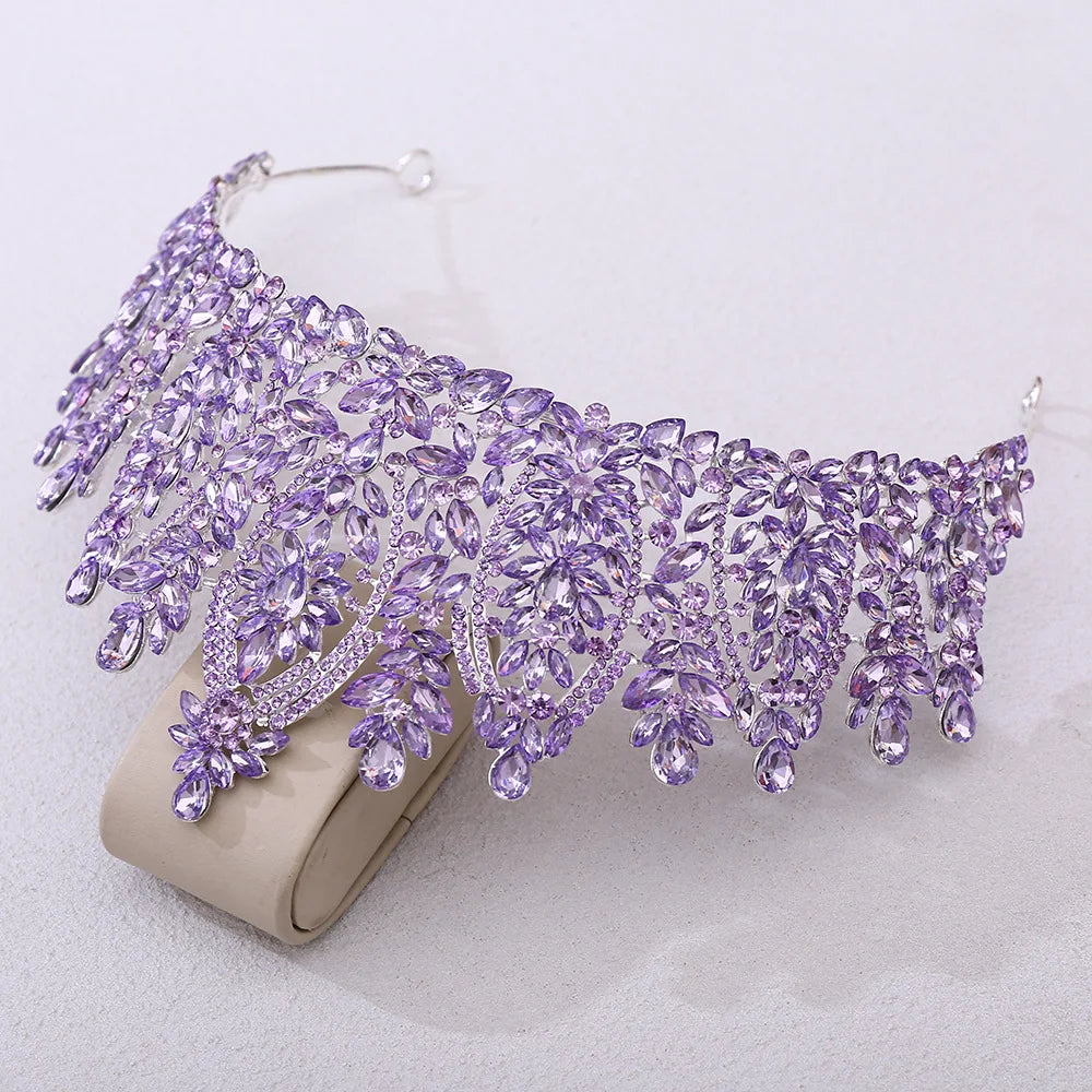 Purple crystal tiara with dangling leaf fringe and oval stones along the crown