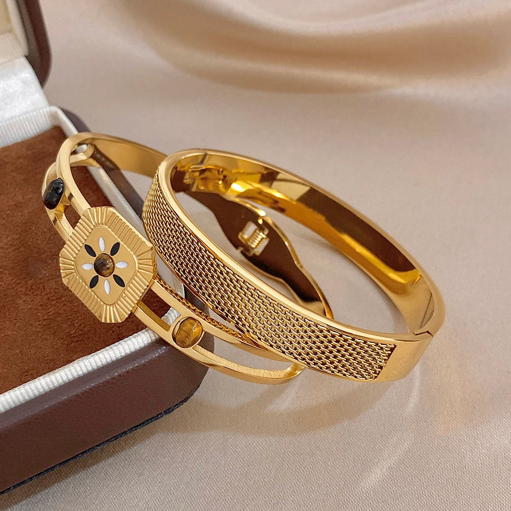 Vintage Natural Stone Geometric Mesh Bracelet for Women Geometric Gold Plated Stainless Steel Cuff Bangles Waterproof Jewelry
