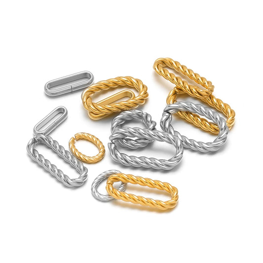 Gold and silver oval twist-open charms, braided metal bezel connectors for DIY jewelry