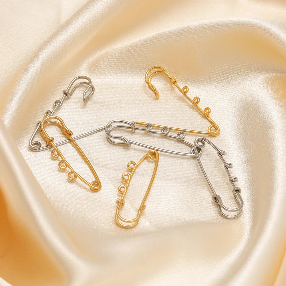 Gold and steel safety pin brooch connectors, multi-hole pin frames, 5 pieces
