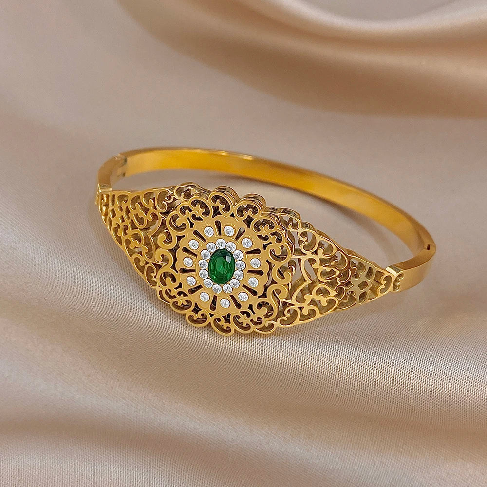 Exquisite Palace Hollow Flower Carved Bracelet for Women Chic Zircon Gold Plated Stainless Steel Cuff Bangles Waterproof Jewelry