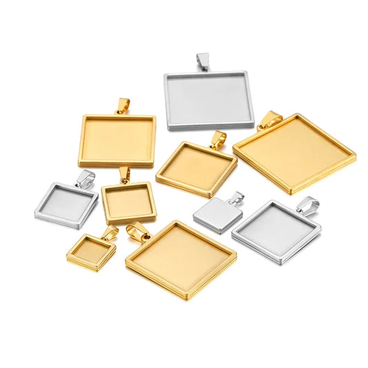 Square stainless steel pendant trays with bail, gold and silver finishes, cabochon blank set