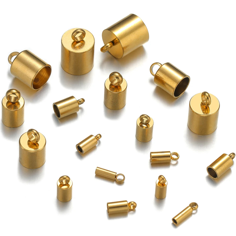 Gold crimp end caps for leather cords, stainless steel with loop eyelets