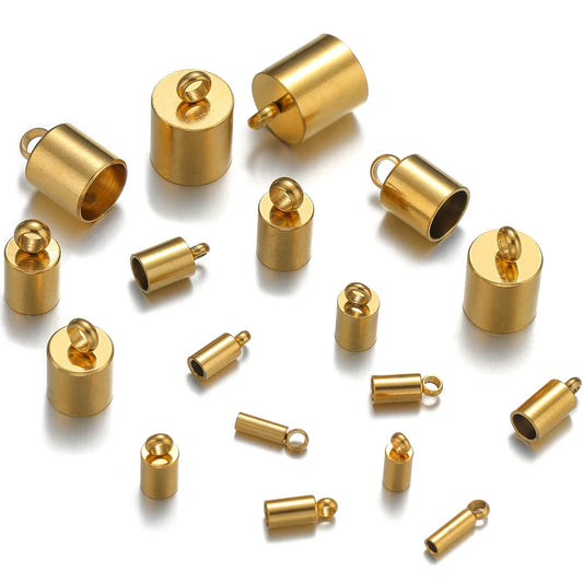 Gold crimp end caps for leather cords, stainless steel with loop eyelets