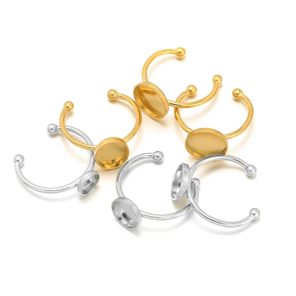 Gold and silver open cabochon ring settings, blank tray bases with small prongs (10pcs)
