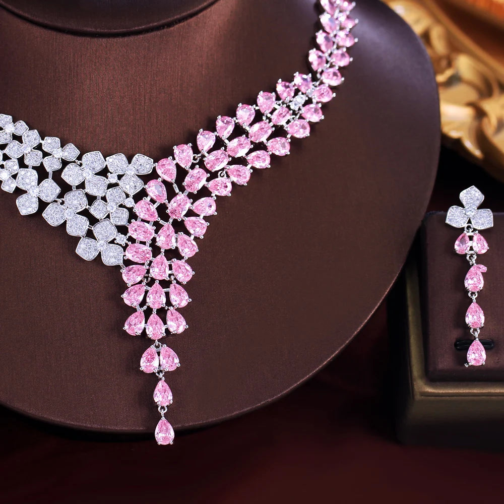 Pink and clear cubic zirconia bridal necklace with matching drop earring