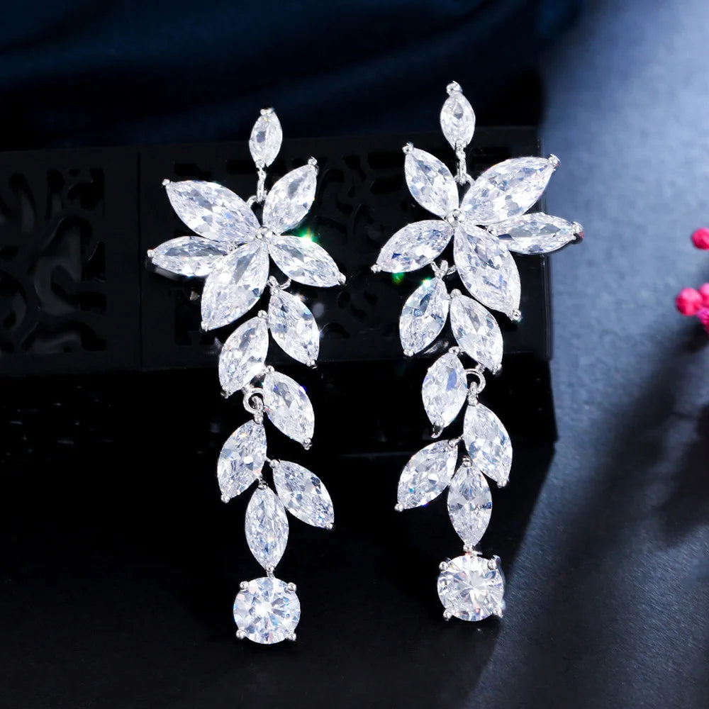 Bling Bling CZ Silver Plated Flower Leaf Shaped Long Dangle Earrings For Women Fashion Jewelry
