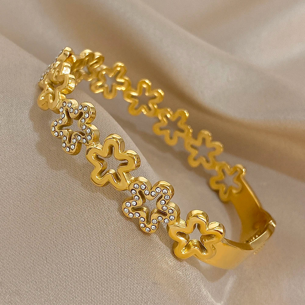 Irregular Zircon Flowers Stainless Steel Bracelet for Women Stylish Gold Plated Cuff Bangle Bracelets Waterproof Jewelry