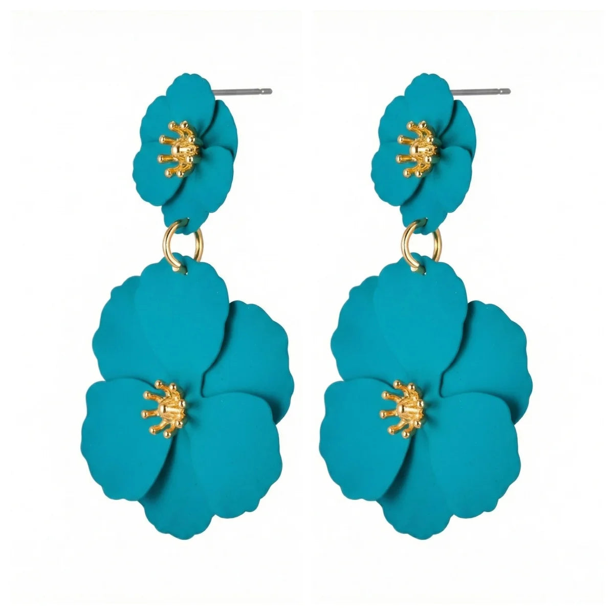 Teal double-flower drop earrings with gold-tone stud and dangling floral charms