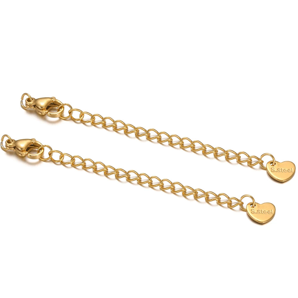 Gold lobster clasp extension tail chains with S-steel engraved heart end plates