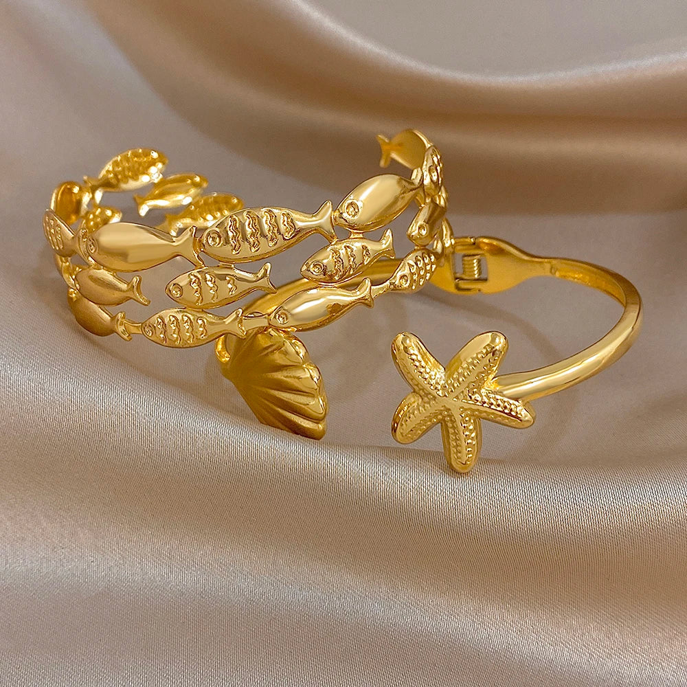 Chic Geometric Fish Shell Starfish Wide Bracelet for Women Glossy Gold Plated Stainless Steel Cuff Bangles Waterproof Jewelry Se