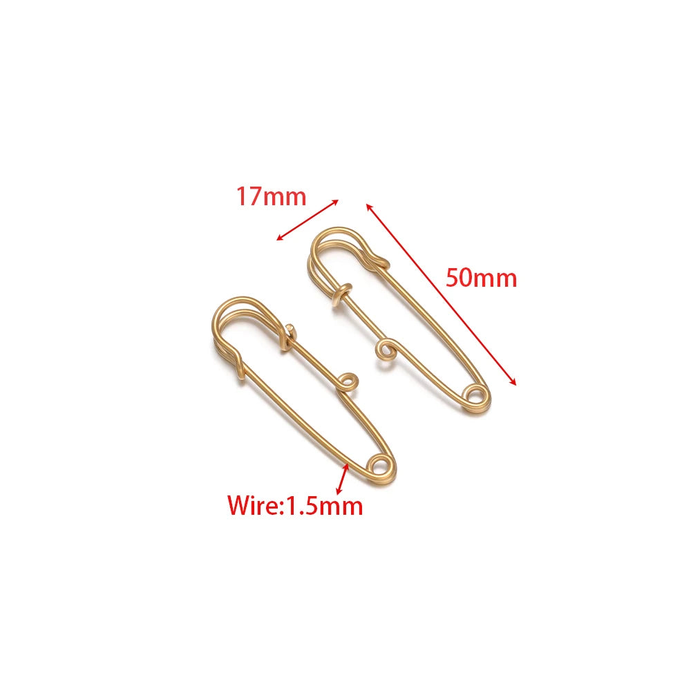Gold-tone multi-hole safety pin brooch fasteners, 50mm, set of 5
