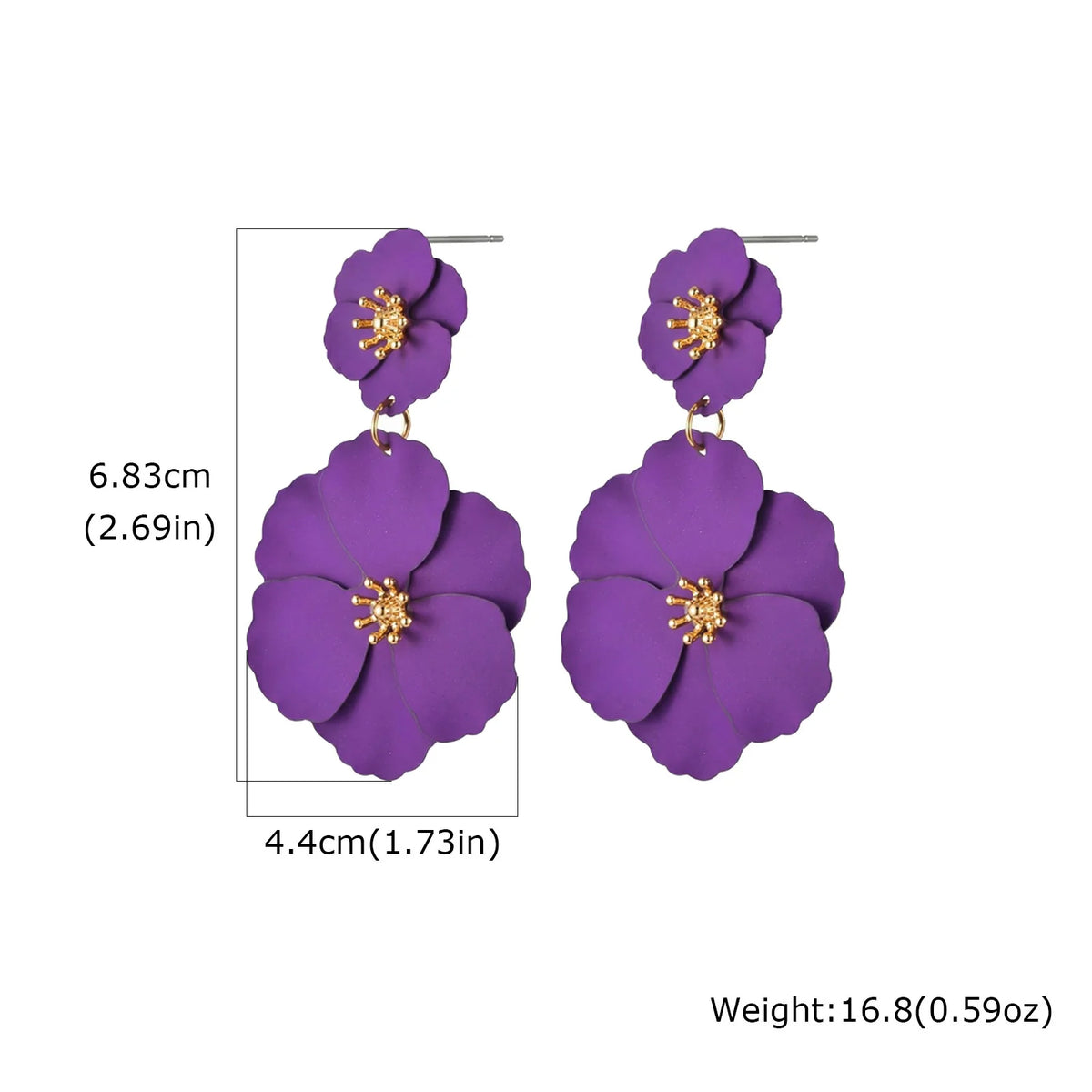 Purple double flower drop earrings with gold-tone centers and hooks