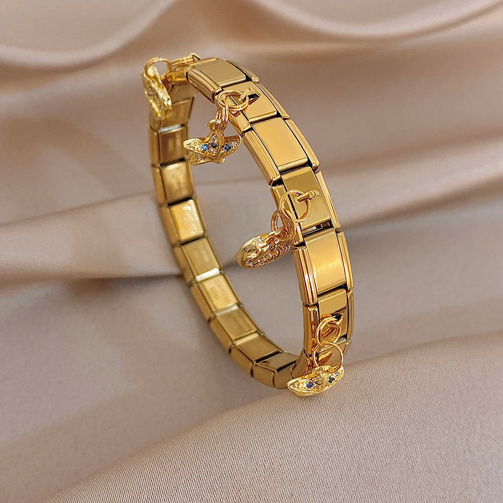 Glossy Gold Plated Stainless Steel Cuff Bangle for Women Chic Zircon Elastic Star Heart Shell Charm Bracelets Waterproof Jewelry