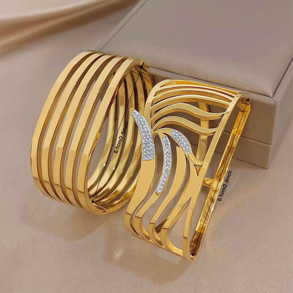 Irregular Geometric Zircon Wide Bracelets for Women Unique Design Gold Plated Stainless Steel Cuff Bangle Waterproof Jewelry Set