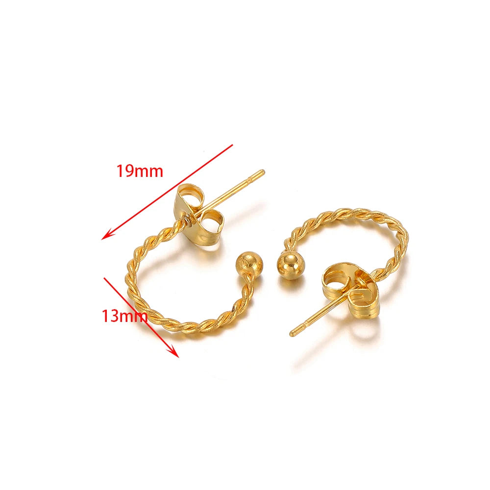 Gold-tone earring hook connectors, 19mm and 13mm hoop size shown with arrows