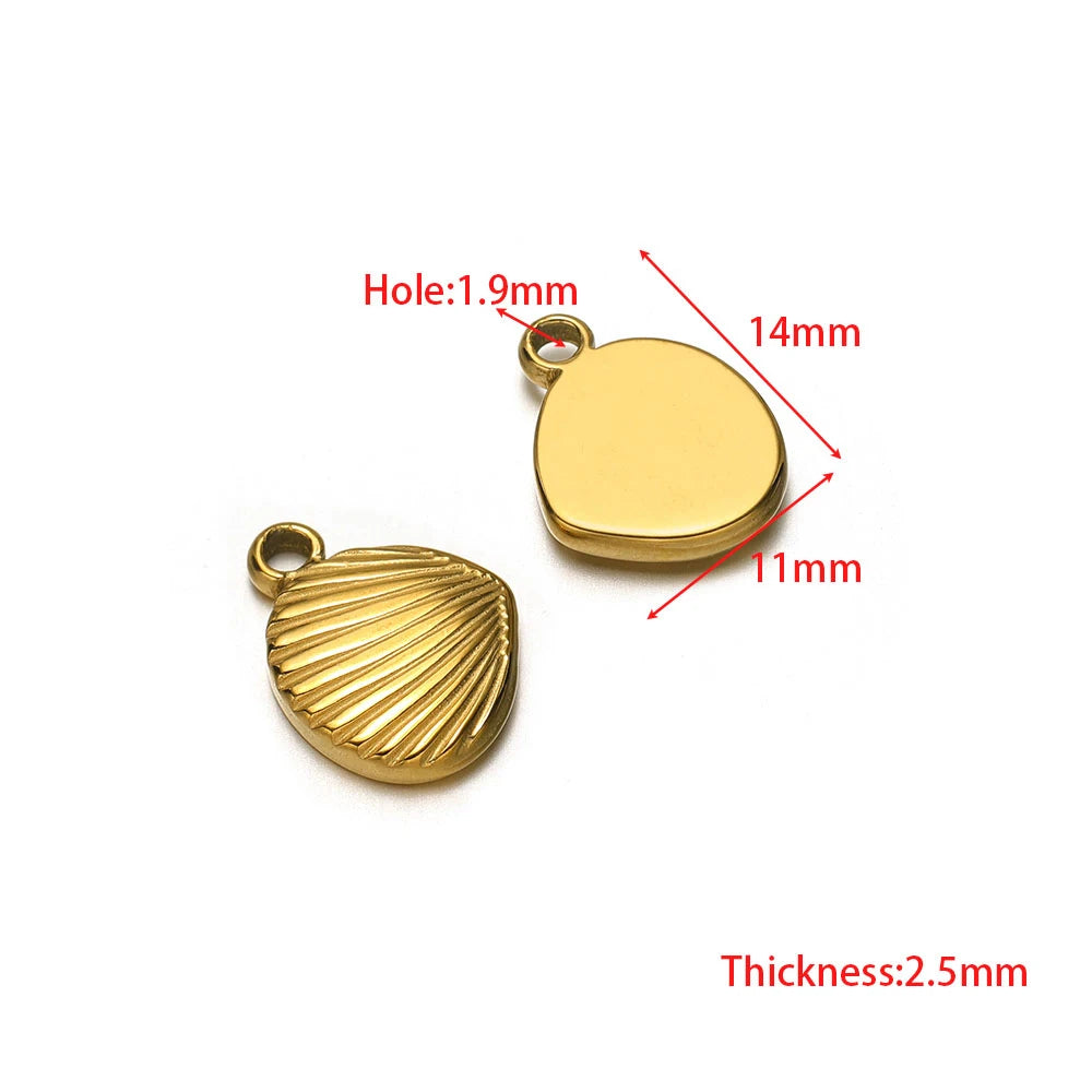 Stainless steel shell and teardrop charms with jump ring holes, gold-tone pair
