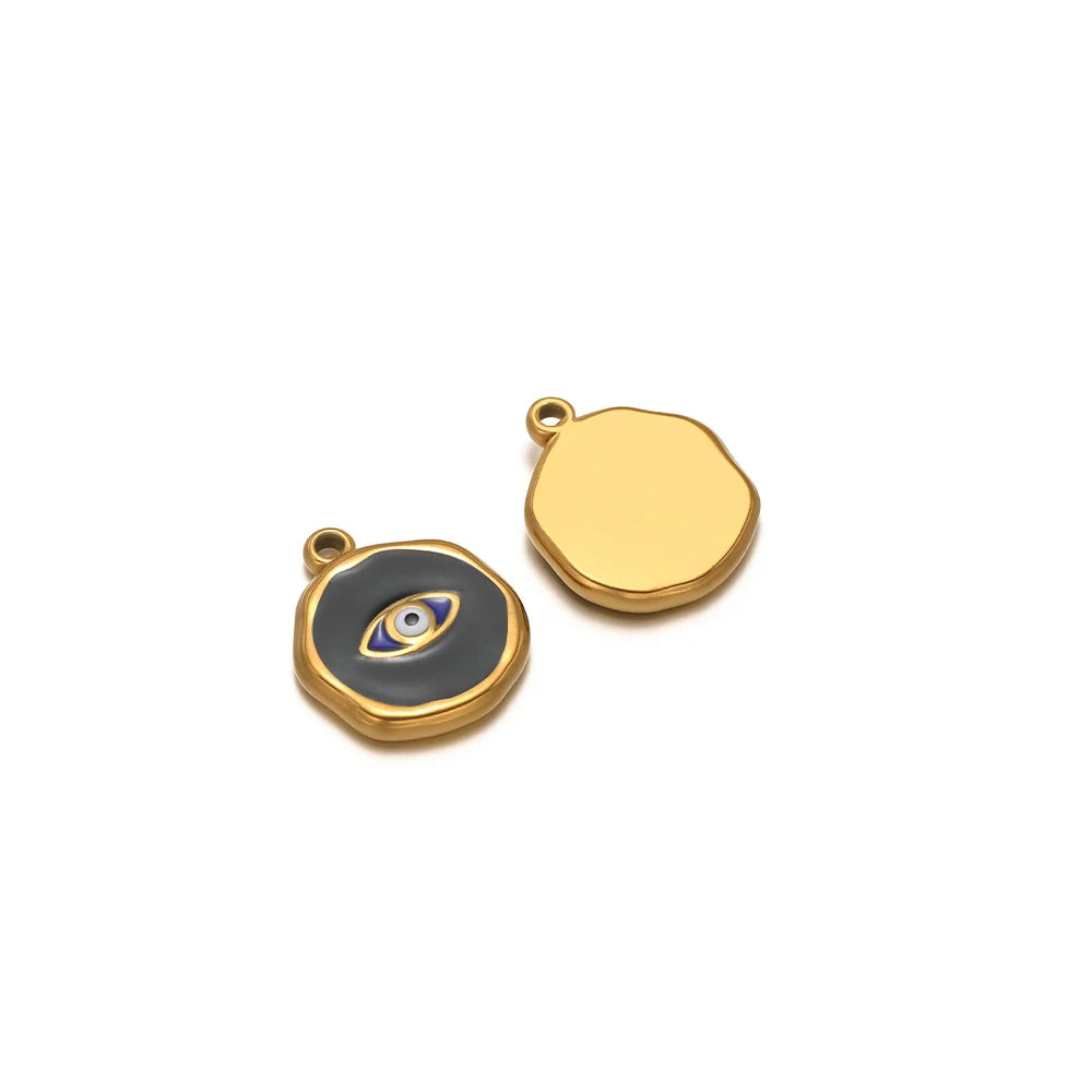 Gold teardrop charm with loop bail and dark blue evil-eye enamel round charm pendant