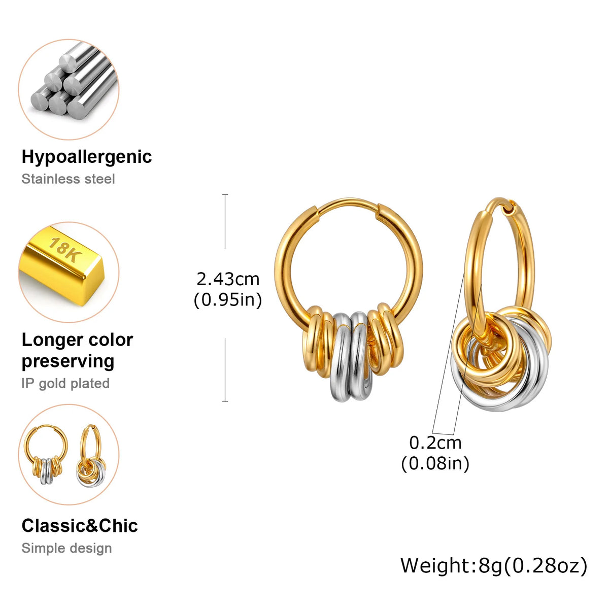 Two-tone hoop earrings with gold and silver rings, shown with size and material details.