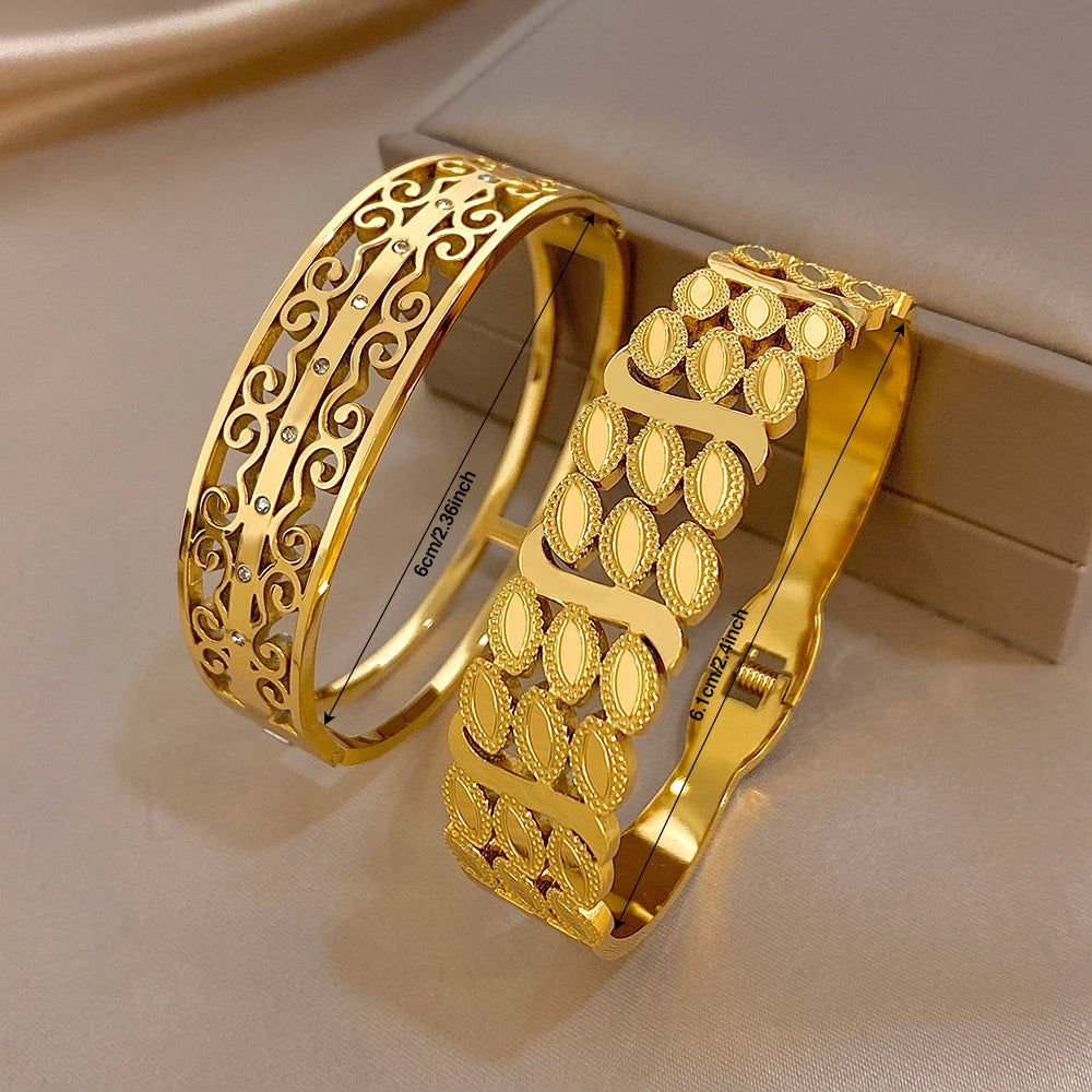 Delicate Geometric Flower Carved Wide Bracelet for Women Glossy Gold Plated Stainless Steel Cuff Bangles Waterproof Jewelry